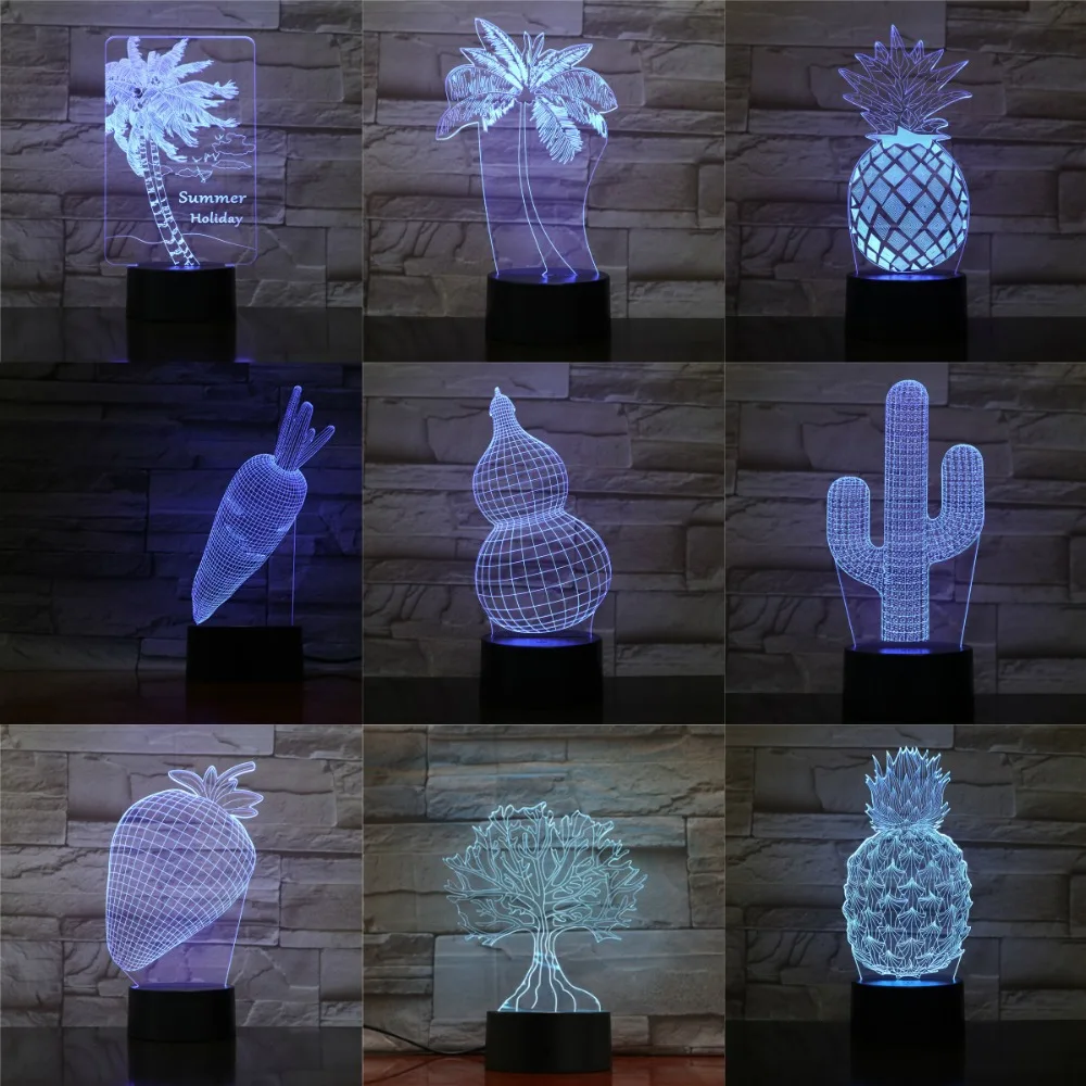 3D Optica завод лампа USB светодиодный ночник кокосовое дерево Клубника день рождения подарок на праздник для детей абстрактный акриловый Lamparas
