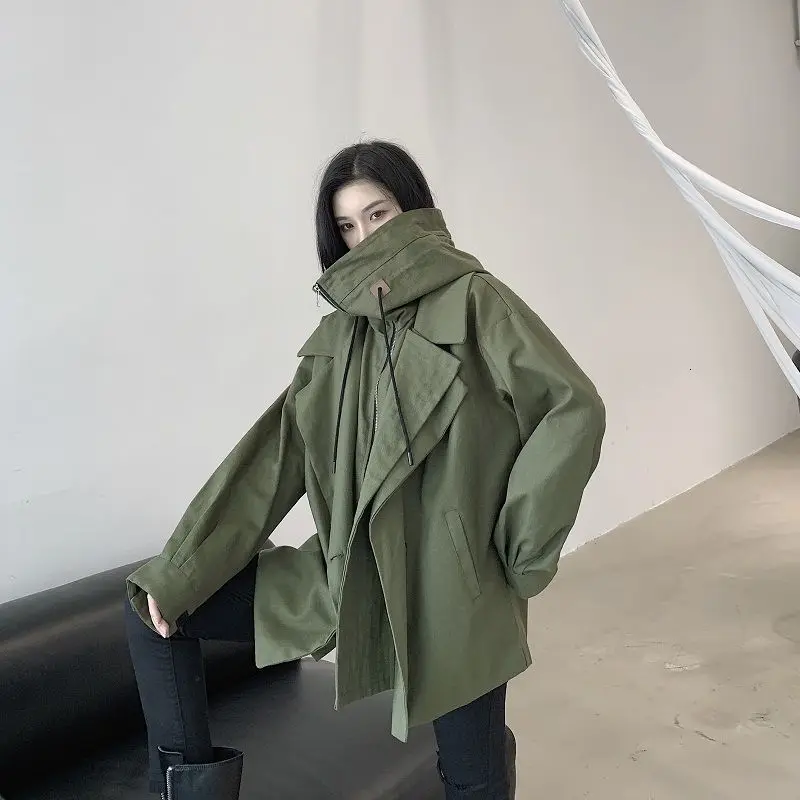 LANMREM Женская Осенняя Новинка оверсайз зеленая Черная куртка индивидуальная ниша