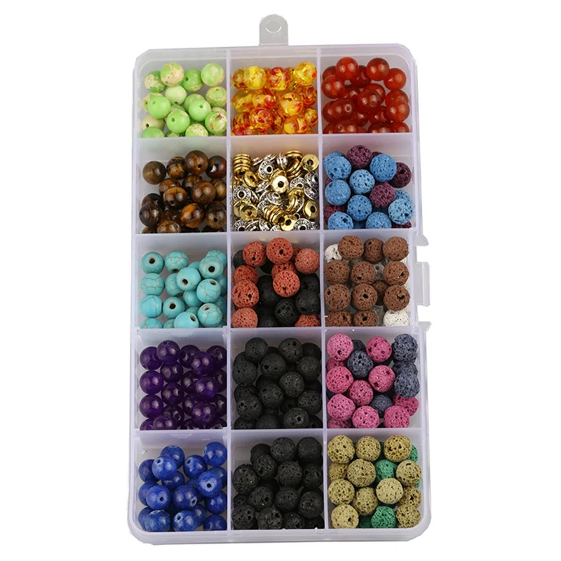 

8mm Lava Stone Round Beads Loose Beads Colorful Chakra Beads 15 Grid Boxed Combination DIY Jewelry Beaded Accessories