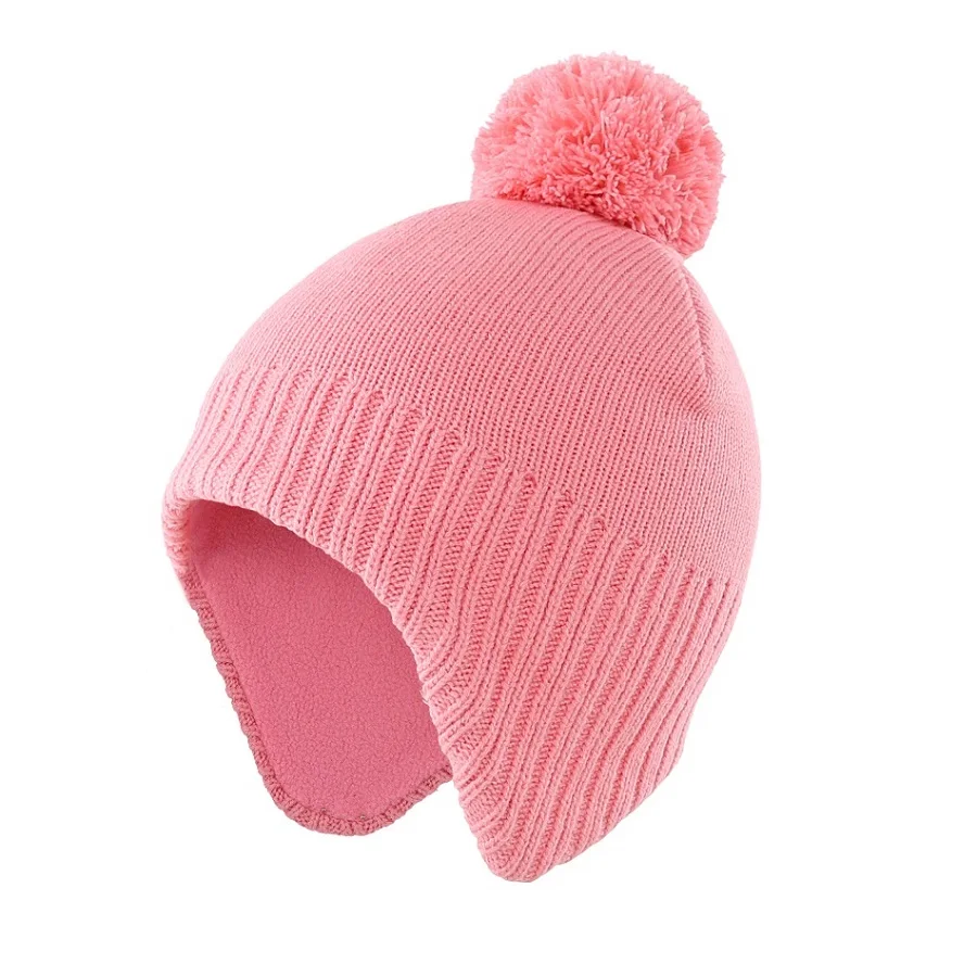 Pink Новинка; модная однотонная зимняя теплая шапка для мальчиков и девочек с флисовой подкладкой; детская шапочка с помпоном - Цвет: Pink
