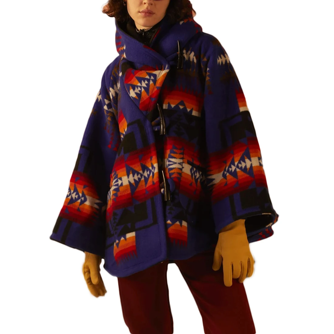 

Women Winter Coat Jacket Warm Woollen Overcoat With Horn Buckle Printed Hooded Vintage Jackets Ethnic Style Coat Outwear