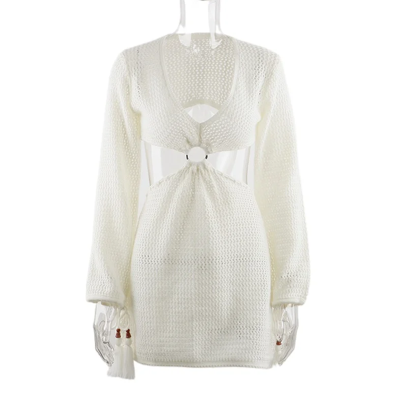 

2021 Knit Stripe Long Sleeve Dress Beach Backless Summer Hollow Out Women V Neck Sexy Party Mini Dresses Casual White