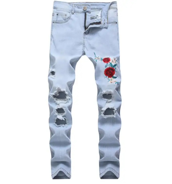Мужские джинсы с цветочной вышивкой Модные зауженные рваные в стиле хип-хоп