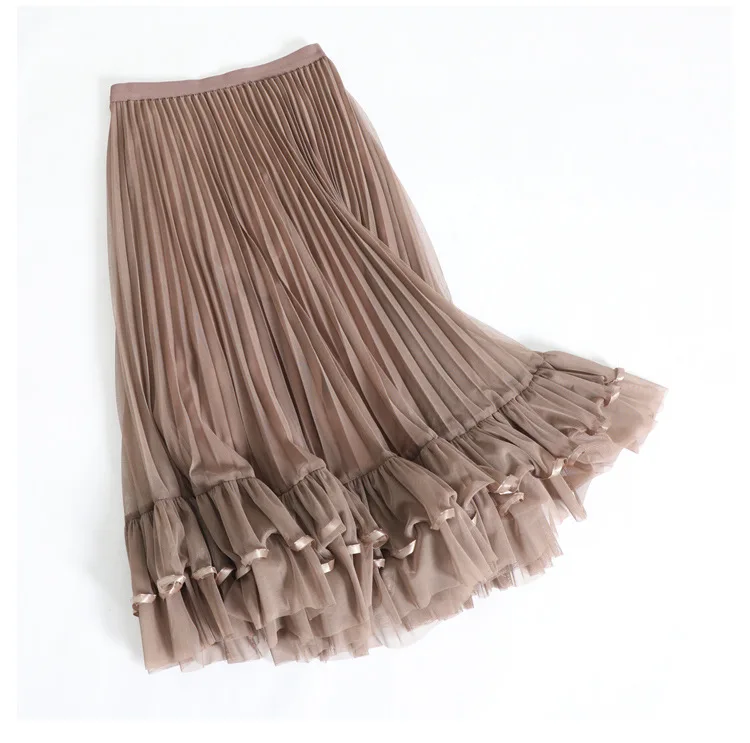 

Coffee Black Skirt Summer Princess Tulle Skirts Womens Mesh Pleated Saia Female Jupe Tutu Skirts Faldas Long Skirt for Women