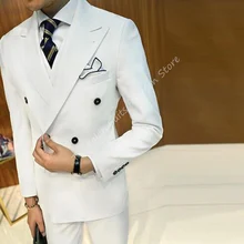 Blazer croisé à revers blanc/vert pour homme, 3 pièces, ensemble veste et pantalon, costume de marié, tenue de soirée  (4)