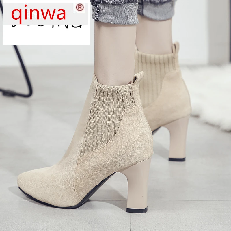 

20 Suede Women Boots Knitted Elastic Short Boots Flock Pointed Fashion Winter Booties Woman Slip on High Heels Women Ankle Boots