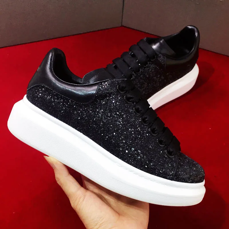 

Bling Sneakers Women White Wedges Thick Bottom Casual Shoes Lace Up Real Leather Female Shoe