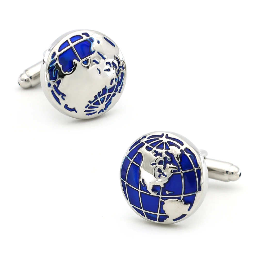 

Free Shipping Men's Cufflinks World Map Design Blue Color Quality Copper Cuff Links Wholesale&retail