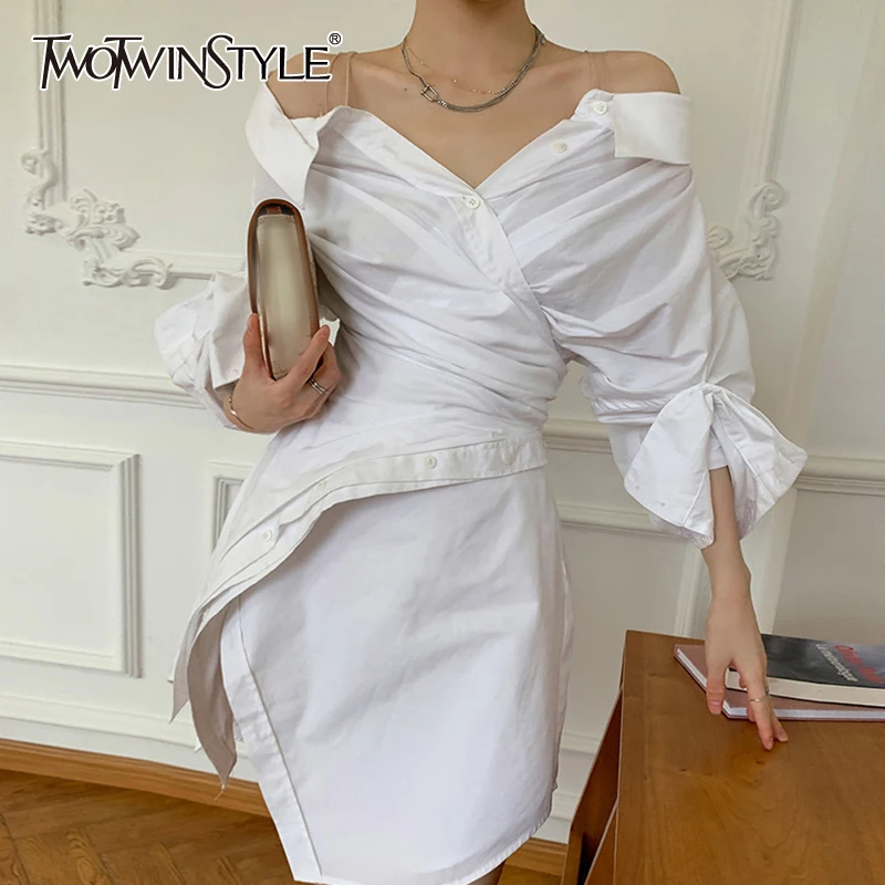 

TWOTWINSTYLE Irregular Asymmetrical Solid Casual Slim Dresses Female Lapel Long Sleeve Gathered Waist Dresses For Women 2021 New