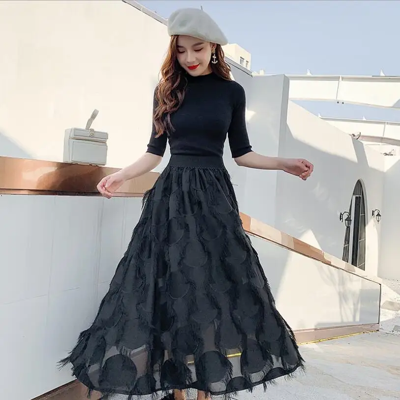 

2020 spring new knitted two-piece suit dress female fashion sweet temperament dress retro round neck long sleeve dress