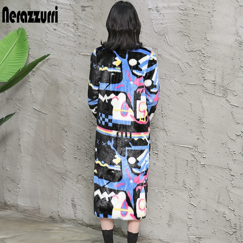 Nerazzurri Multi color women faux fur coat runway ladies long fur coats warm winter fashion designer brand luxury women clothing