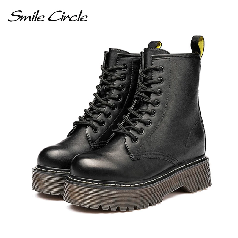 Женские мотоциклетные ботинки со смайликом и круглым Size36-41; сезон осень; коллекция года; модные армейские ботинки с круглым носком на шнуровке; женская обувь
