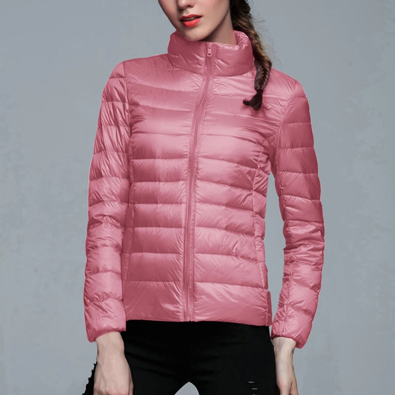 pink 2 Зимняя женская ультра легкая куртка-пуховик с капюшоном и белым утиным пухом теплая куртка с длинным рукавом Женская Однотонная легкая одежда - Цвет: pink 2