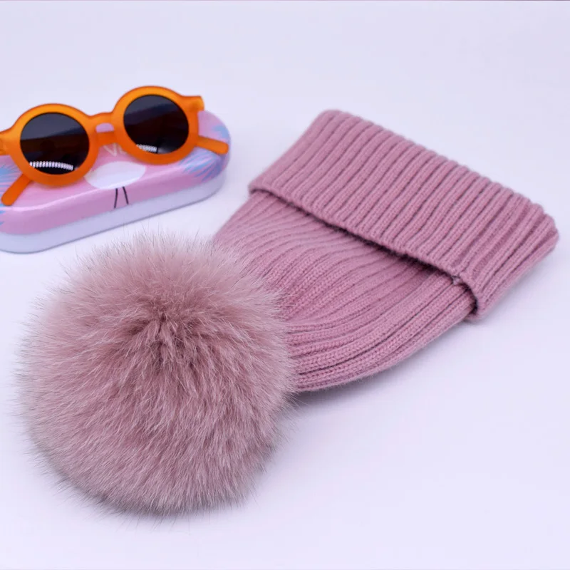 wool pink fox fur Новинка, зимняя шапка, роскошные качественные шапки с меховым помпоном, шапка высокого качества для девочек, женские зимние шапки - Цвет: wool pink fox fur