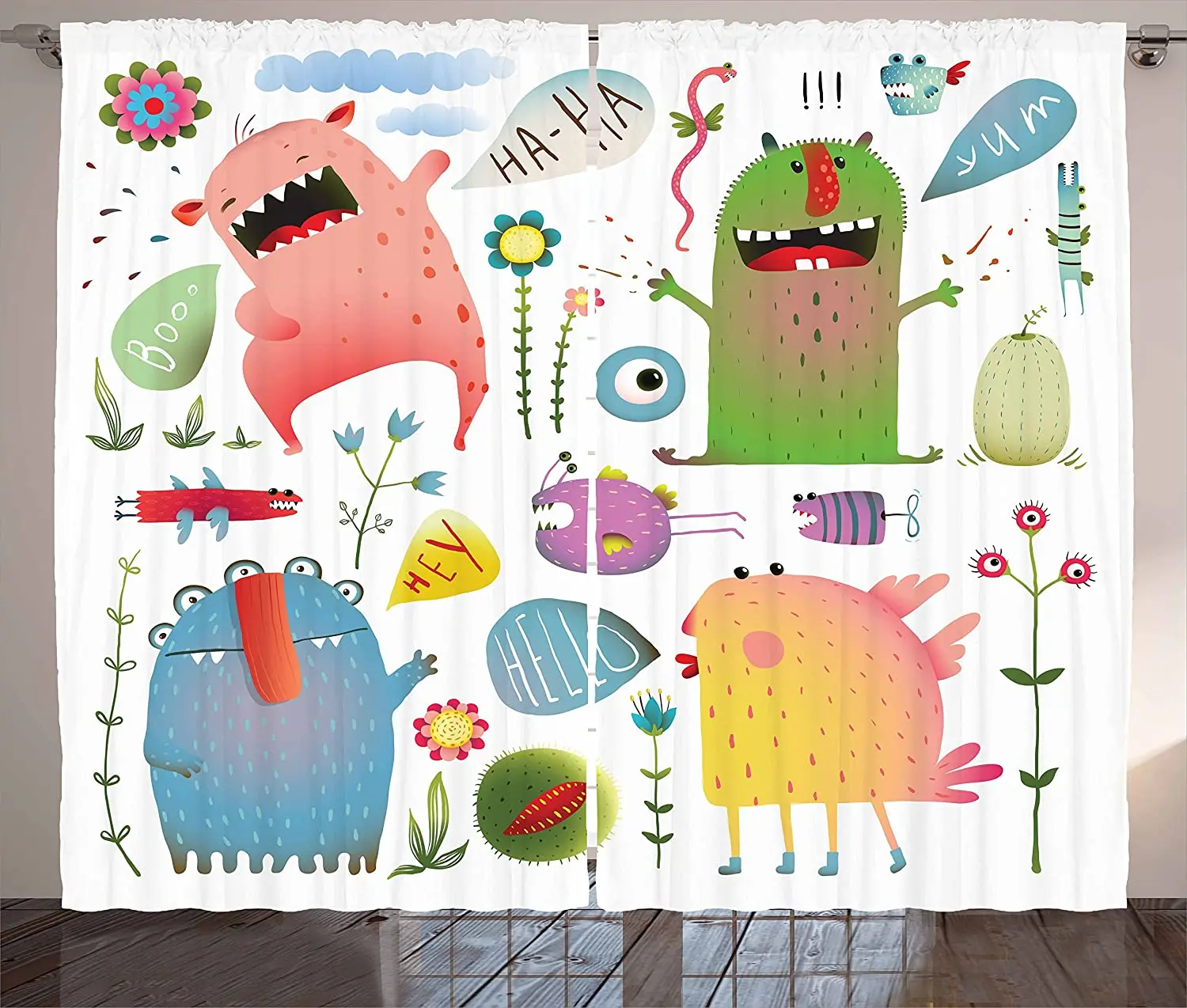 

Monster Blackout Curtains Cute Alien Creatures Laughing Design with Flowers Children Cartoon Illustration Window Curtain