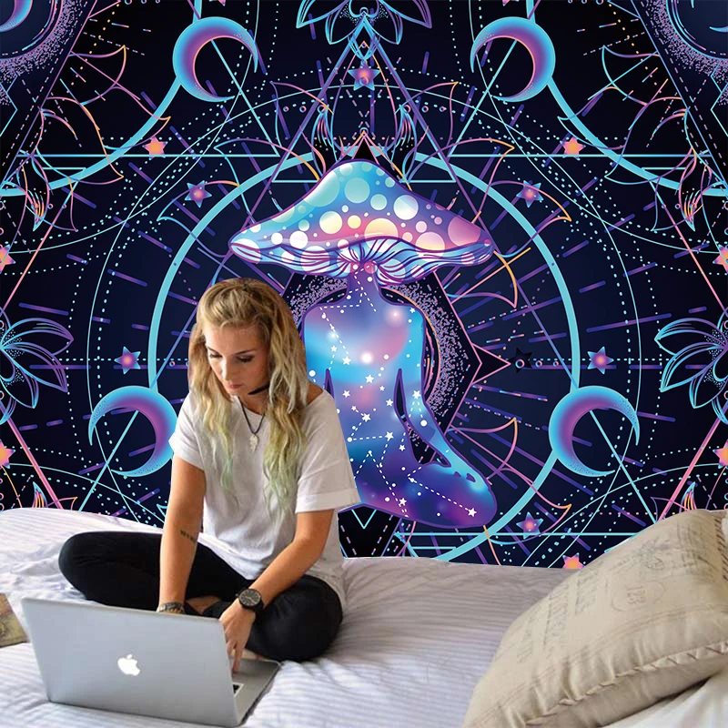 

Illusory Mushroom Moon And Star Mandala Tapestry Wall Hanging Psychedelic Wall Cloth Carpet Tapestries Ceiling Room Decor