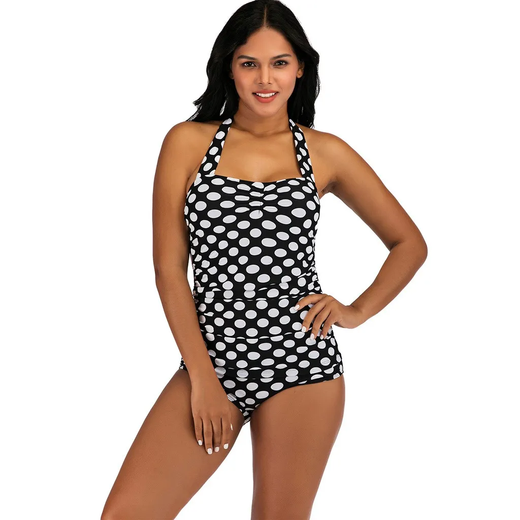 Купальник большого размера цельный модный с принтом лямкой на шее сексуальный