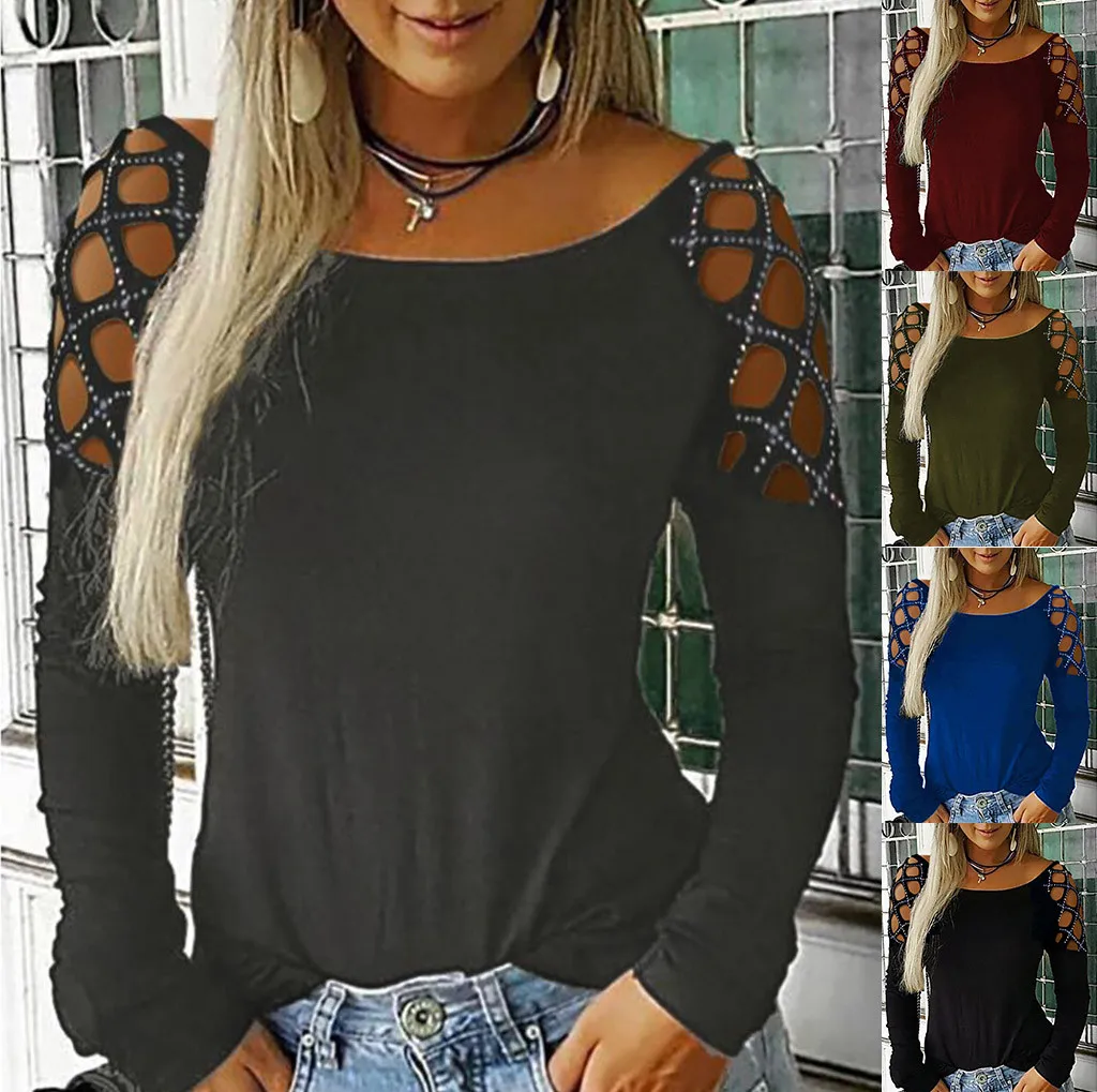 

Womens Tops And Blouses Plus Size Female Clothing Fashion Casual Crew Neck Hollow-Out Studded Blouse Long Sleeve Women Tops