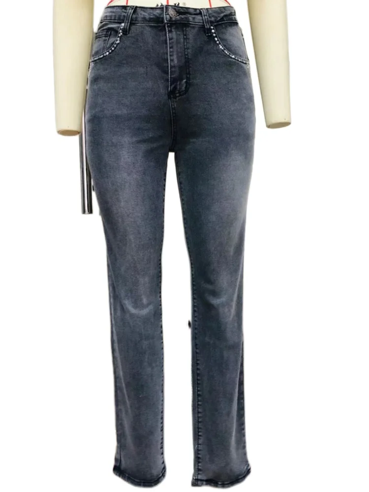 

2021 Women's Jean Streetwear New Embroidered Skull Beaded Stretch High Waist Slim Flared Patchwork Jeans