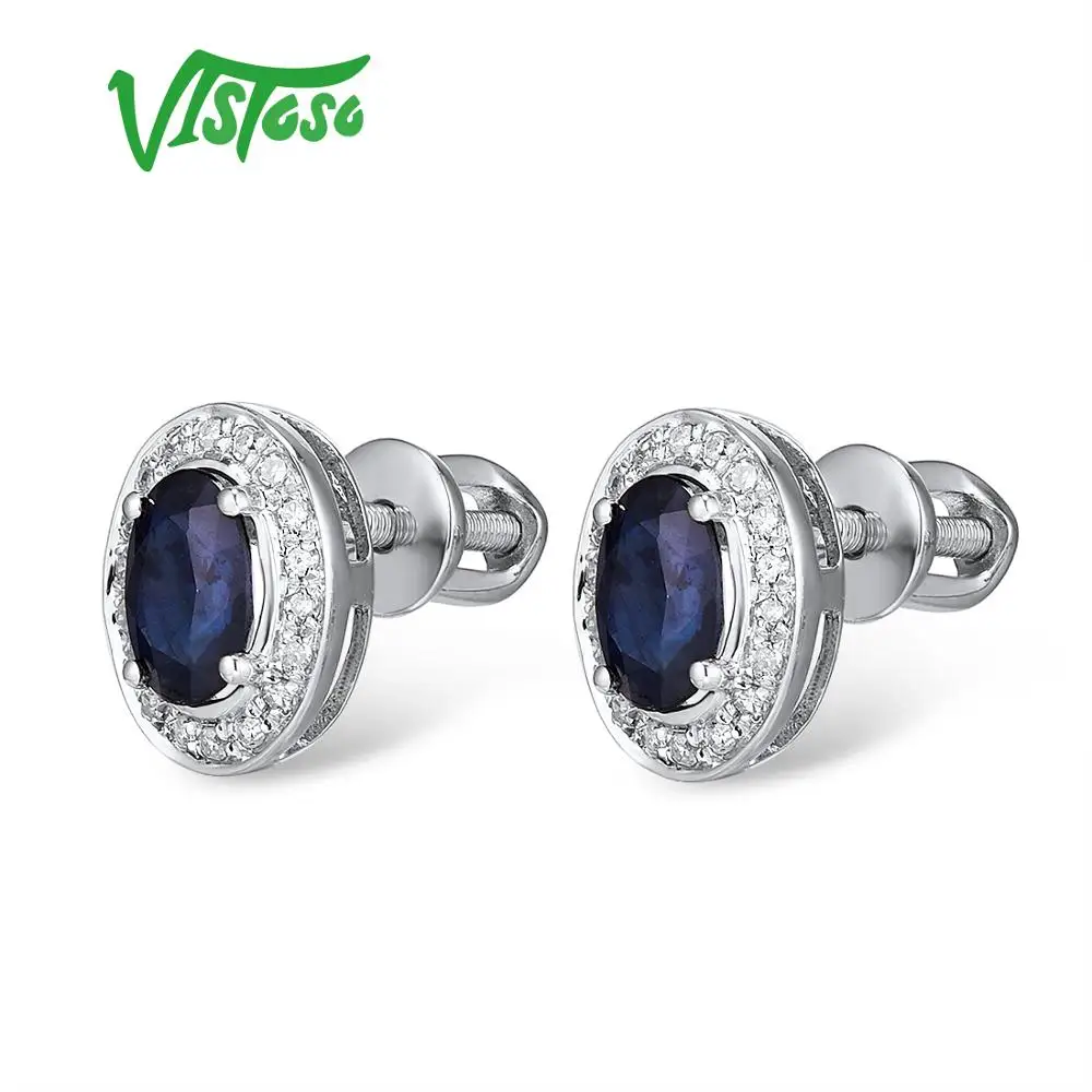 VISTOSO Pure 14K 585 роза/серьги из Белого Золота Шпилька для женщин Элегантный синий сапфир сверкающие бриллианты уникальные модные ювелирные изделия