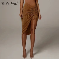 new high waist lace up mini skirts womens ruched drawstring hip sexy tight slit skirt club wrinkled irregular orange pary g1860