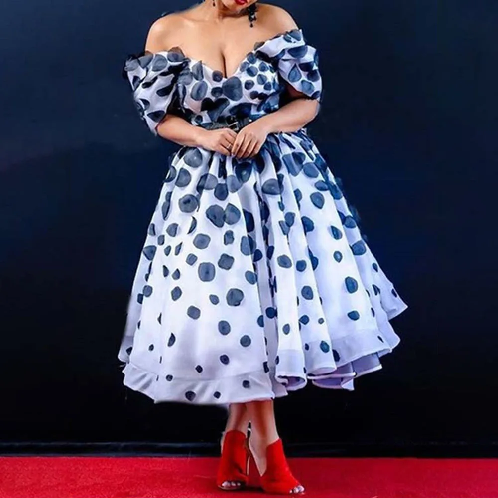 

Western Style New 2021 High Waist Temperament Commute Wave Point Printing One Word Collar Women's Dress Sexy Swing