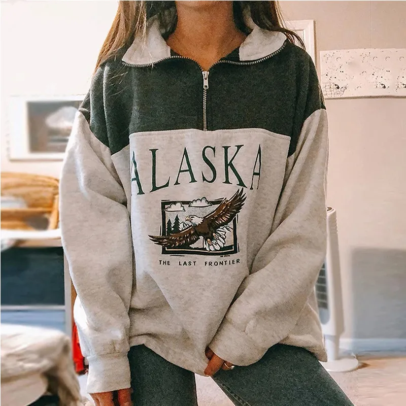 

Vintage Hoodies Women Sweatshirts Zip Up Sweatshirt Streetwear Letter Printed Pullover Basics Loose Fleece Jumper Outwear