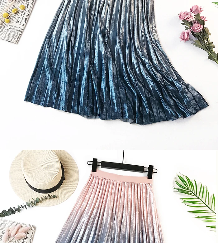 SURMIITRO Warm Velvet Midi Skirt Women Autumn Winter Korean Pink Gradient Ladies High Waist Pleated Long Skirt Female