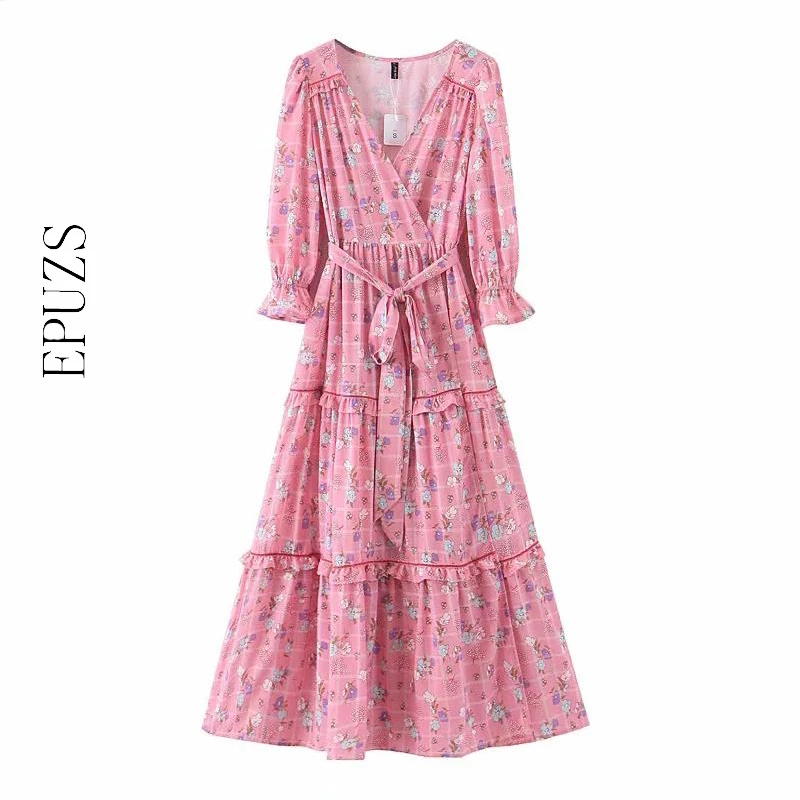 Винтажное цветочный принт с отворотом Макси платье женское зимнее корейское
