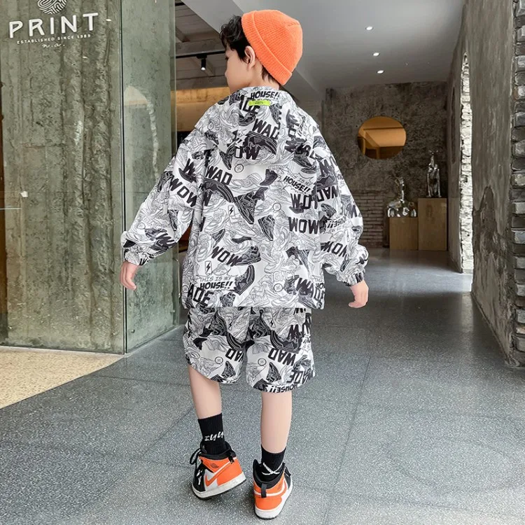 

Summer New Fashion Boys Pattern Printing Sun Protection Clothing Sets Kids Hooded Clothing Children Top And Short 2 PCS Clothes
