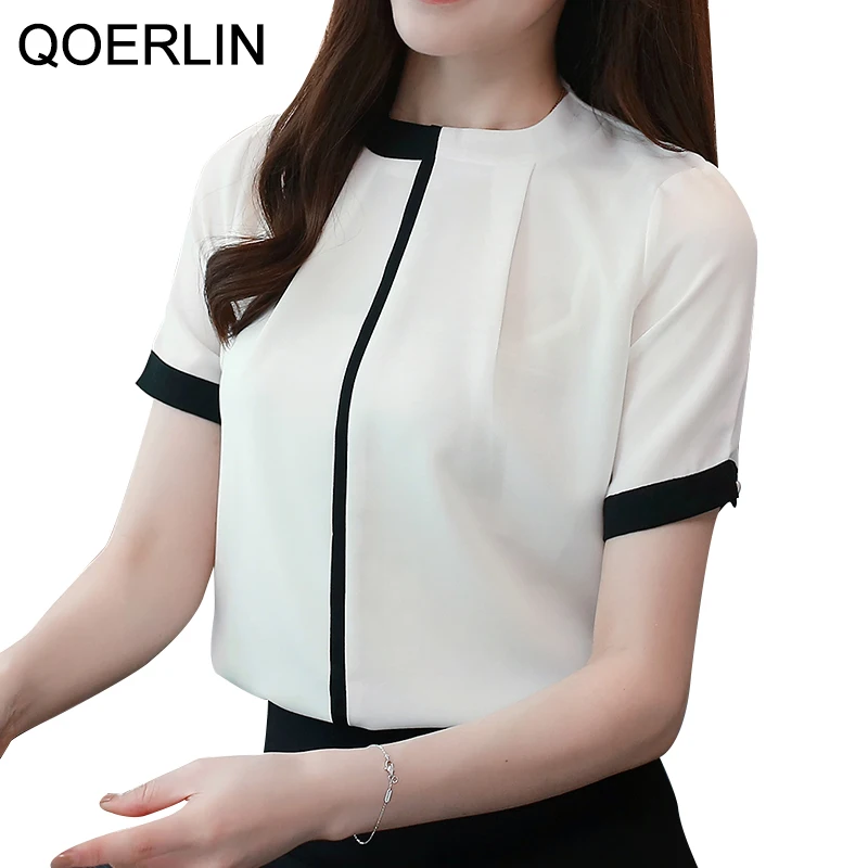 

QOERLIN 2XL OL Style Tops Shirts Women 2021 New Korean Style Stand-up Collar Short Sleeve Contrast Chiffon Shirt Female Workwear