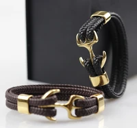 fashionable mens anchor bracelet gold plated stainless steel leather mens bracelet rope bracelets for male female jewelry