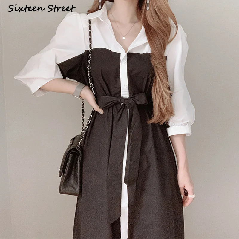 

Elegant Square Collar Dresses Female with Belt Slim Waist Lantern Sleeve Black Vintage Spring Long Pleated Dress Woman Clothing