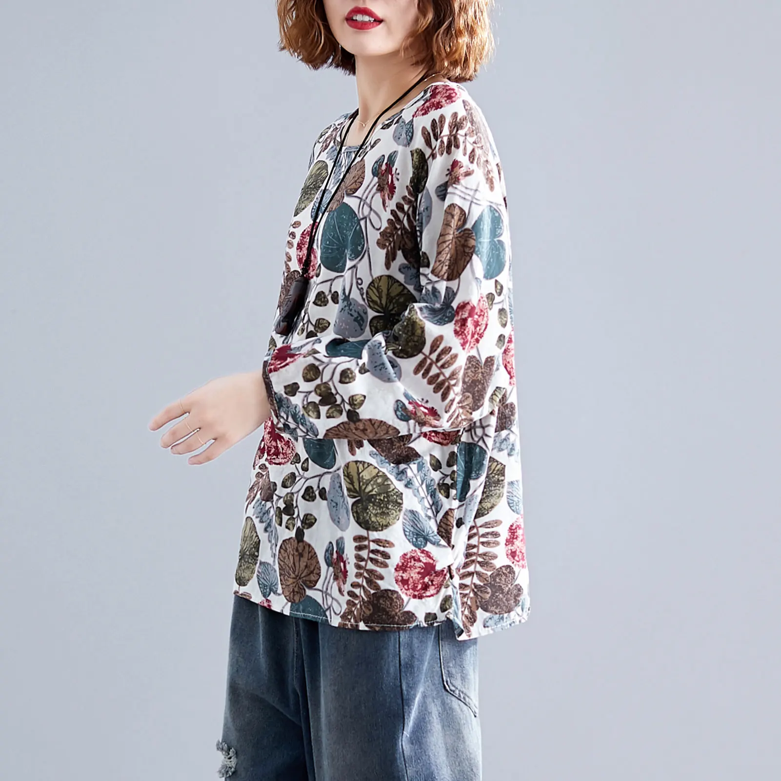 

Spring Women Vintage Loose Blouse Tops Leaves Print O Neck Raglan Long Sleeve Plus Size Large Autumn Blouses Casual Mujer Tops