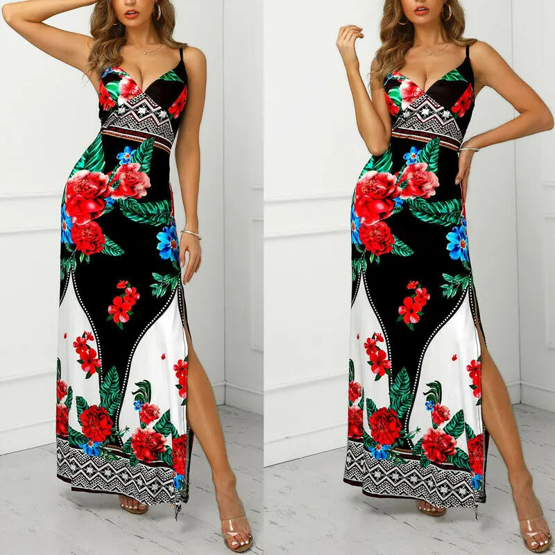 Женское сексуальное Бохо Макси платье цветочный принт слинг крест V шеи сарафан