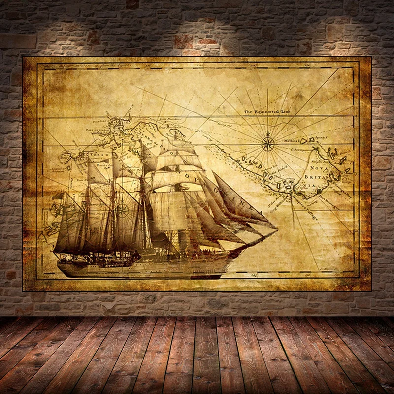 Ретро Европейская карта парусного судна античная Фэнтезийный корабль Картина на