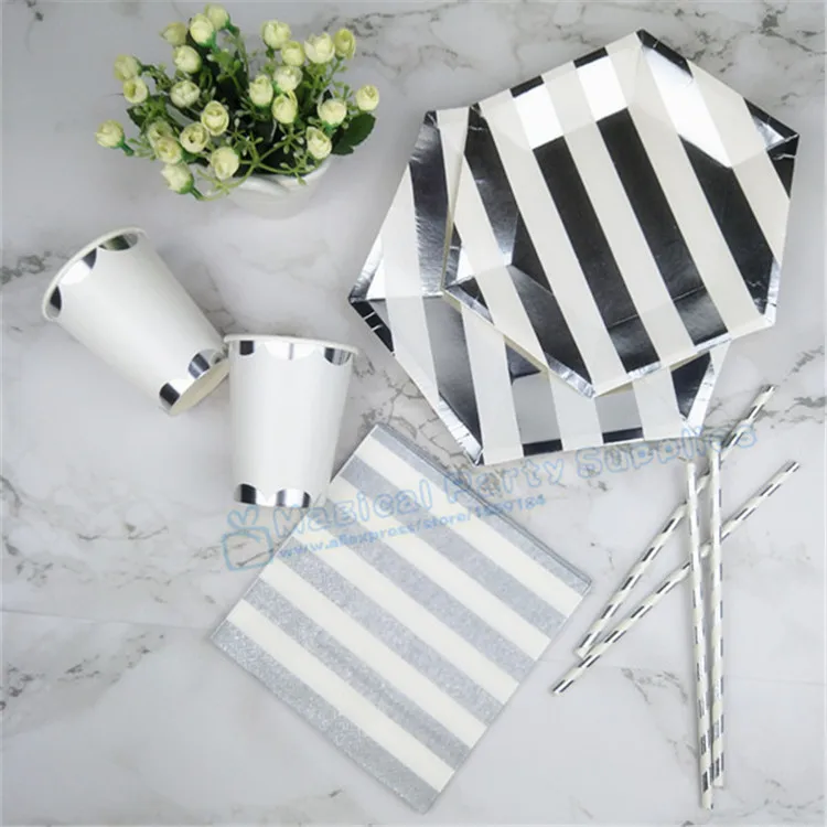 

Free Shipping 100pcs Vintage Cocktail Paper Napkins Foil Silver Stripe Pattern Napkins for Wedding Anniversary Tea Party Shower