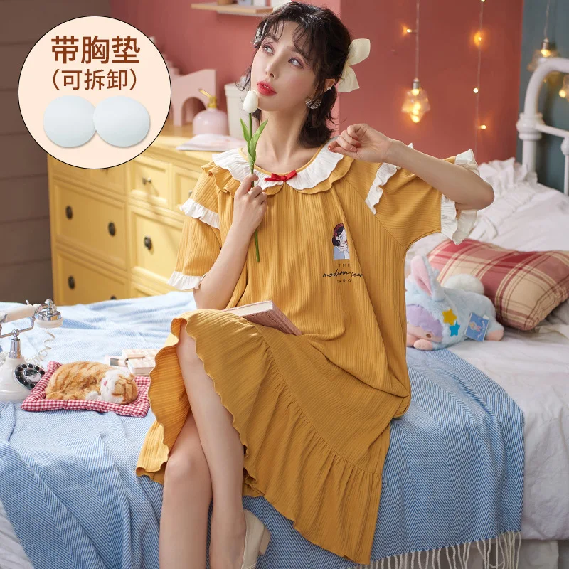 

Nightdress women's summer cotton short sleeve thin belt bra sweet and lovely one-piece dress large size can be worn outside New