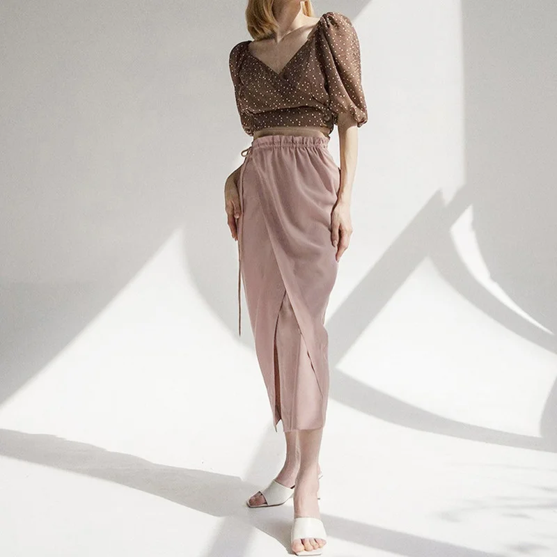 

New 2021 Fashoin Side Slit Women Pink Skirts Solid Casual Spring Summer Sweet Slim Loose High Waist Elegant Chic Lady Skirts