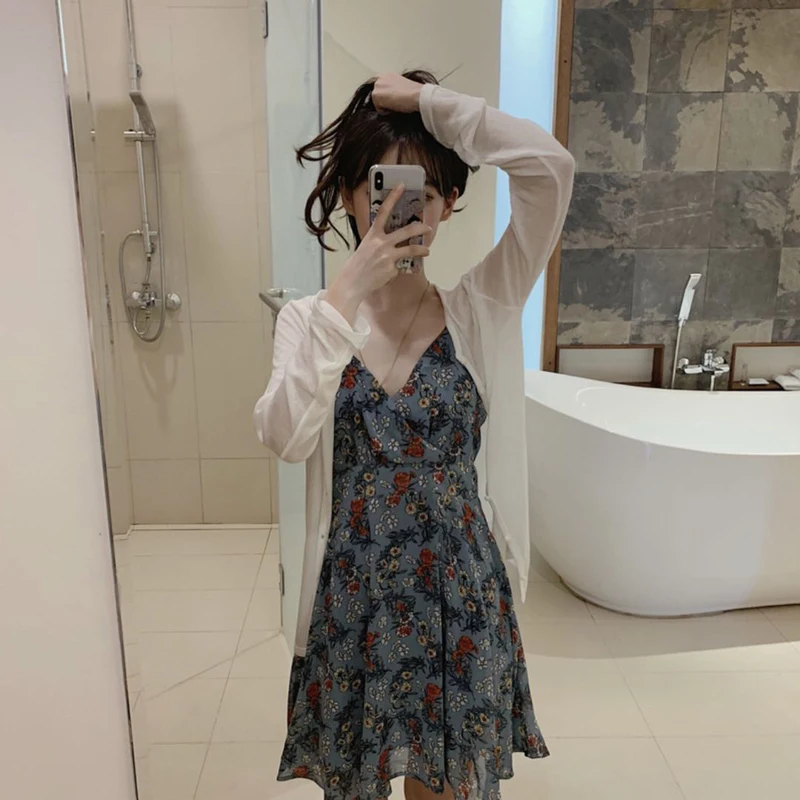 

V-neck Blue Printed DressWoman Holiday Vestido De Festa Sleeveless Spaghetti Strap Empire Waist Beach Style Summer Boho