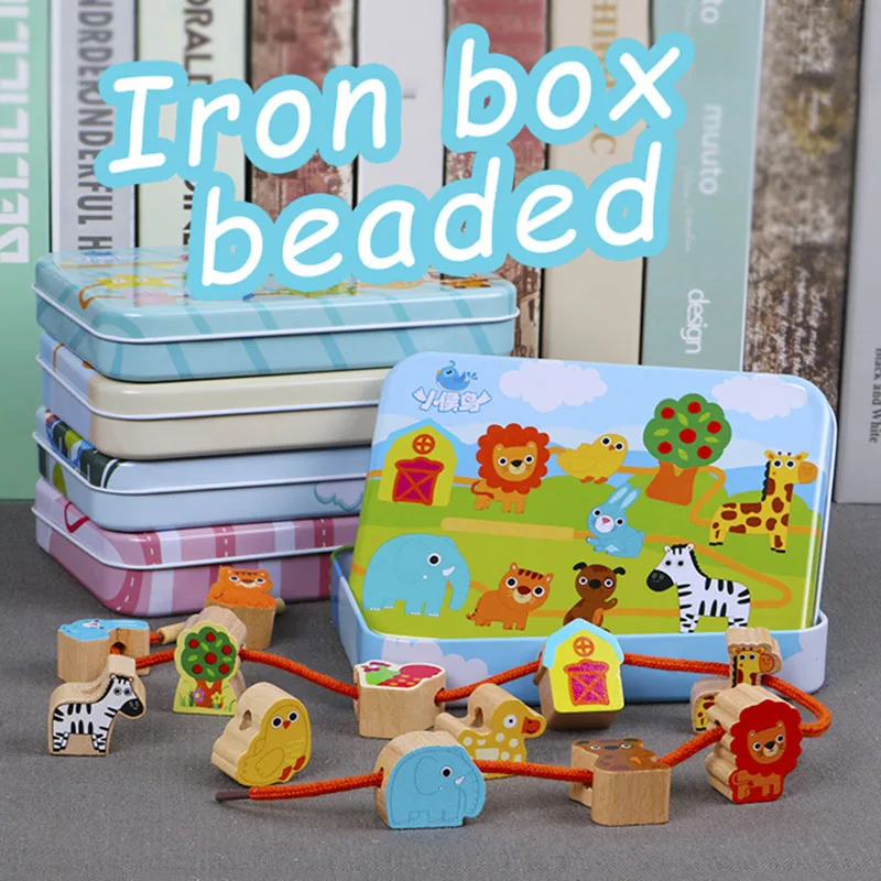 

5 Styles Wooden Baby DIY Toys Cartoon Fruit Animal Stringing Threading Wooden Beads Toy Monterssori Educational for Children