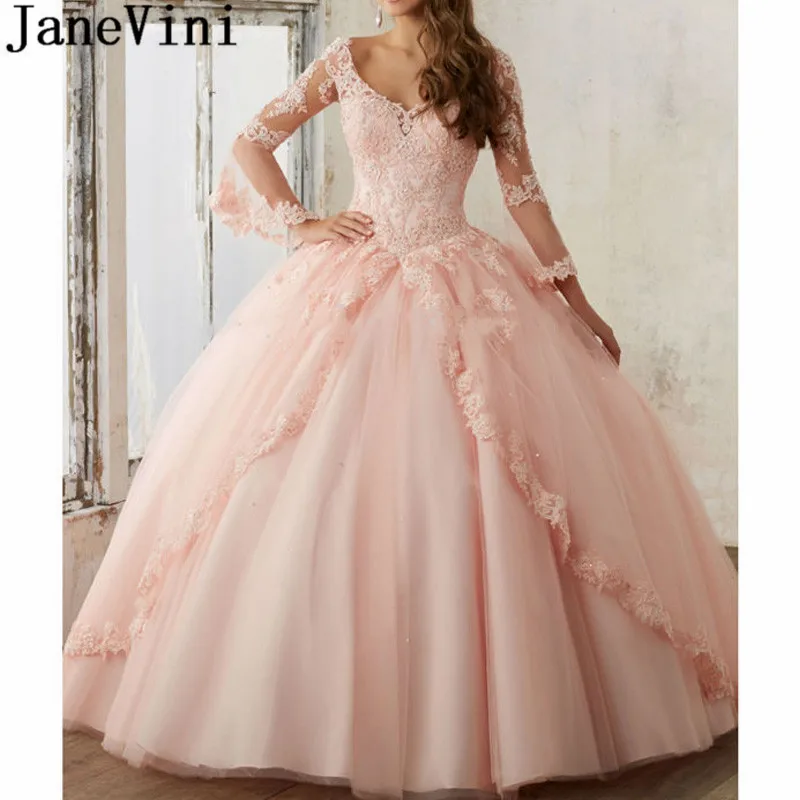 JaneVini принцесса розовый синий Quinceanera платья для сладких 16 лет бисером кружева с