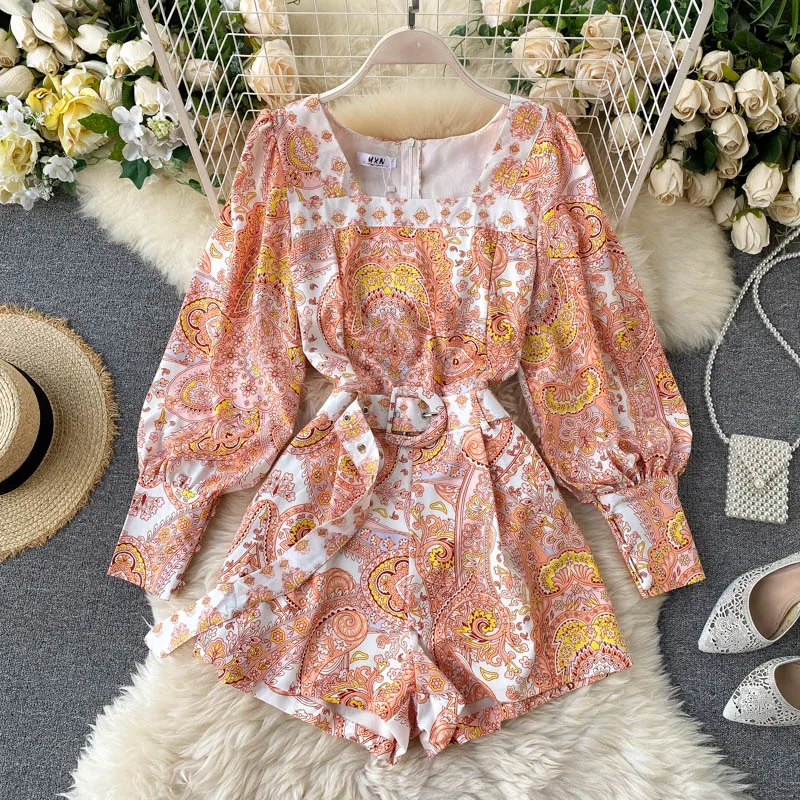 

Retro Square Collar Jumpsuit Women New Fashion Sexy Printed Long Sleeve Lace-up High Waist Slim Casual Wide Leg Playsuits
