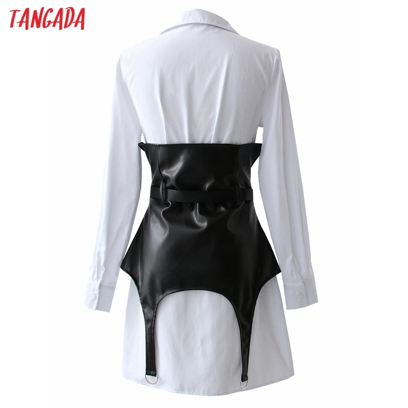 

Tangada 2021 Fashion Women 2 Piece Dress White Shirt Dress with Belt Vintage Long Sleeve Ladies Midi Dress 1D265