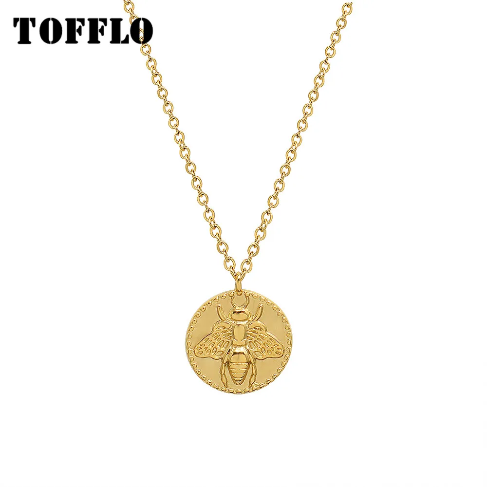 

TOFFLO Stainless Steel Little Bee Coin Pendant Necklace Three-Dimensional Pattern Carved Women's Fashion Clavicle Chain BSP259