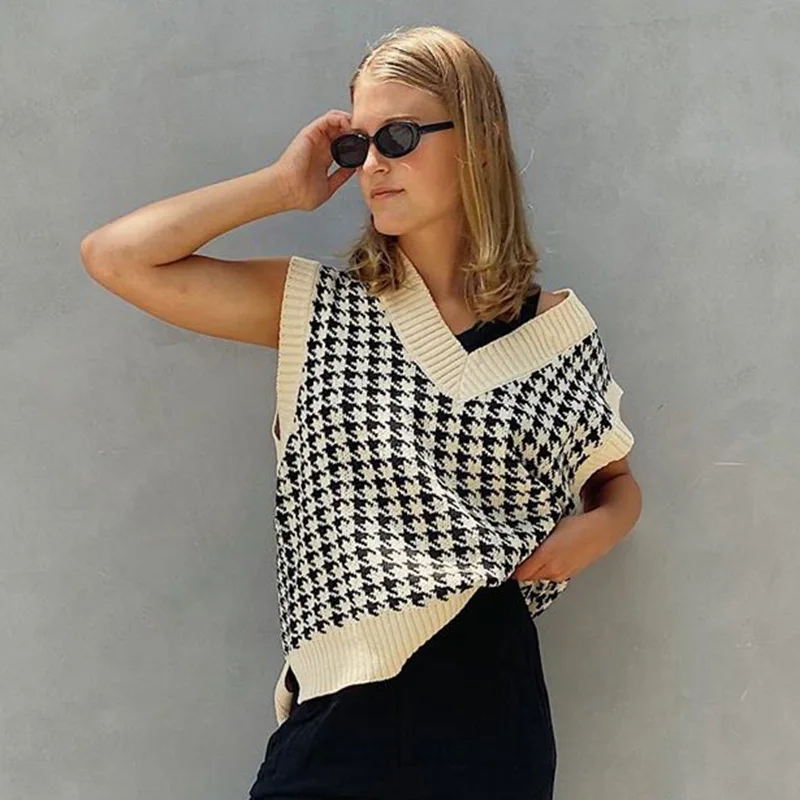 

2021 Houndstooth Knit Oversized Sweater Vest Female England Preppy Style Y2K Jumpers V Neck Casual Loose 90s Knitwear Autumn