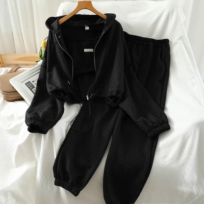 

3 Piece Set Solid Color Zip Hooded Drawstring Sweatshirts + Sexy Camis + Stretch Waist Casual Pants 2021 Fashion Suit