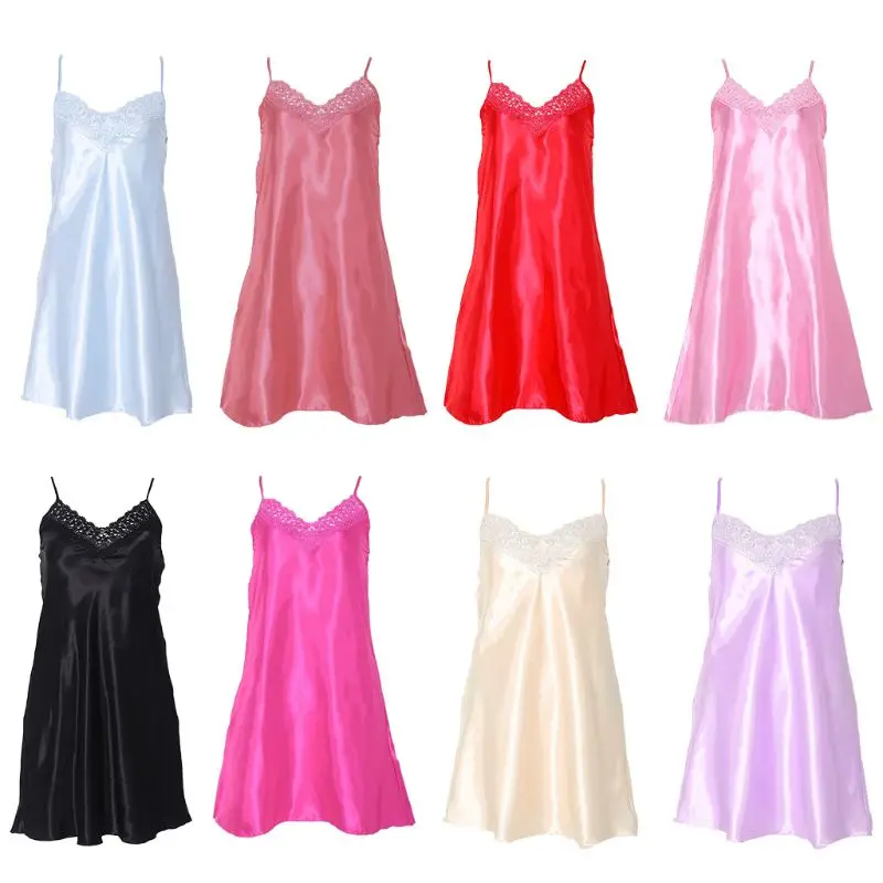 

Sexy Women Nightwear Mini Nightgowns Tempatation Deep V Straps Skirts Summer Faux Silk Sleepwear Drop Ship