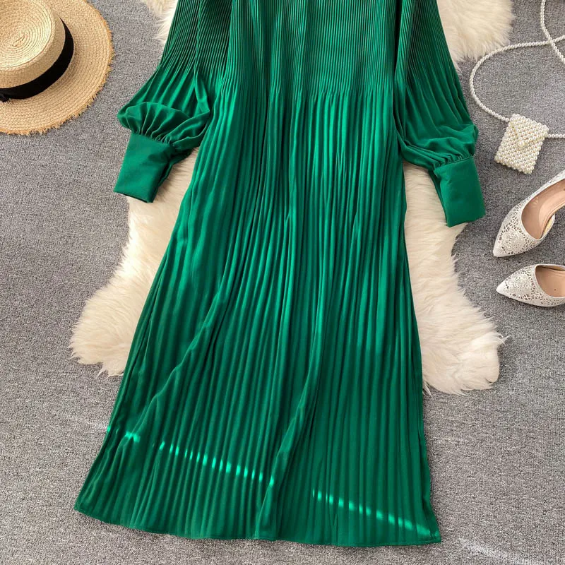 

Vintage Pleated Chiffon Long Dress Women Casual Solid Pink/Green/Red O-Neck Draped Slim Vacation Vestidos Autumn Robe 2021 New