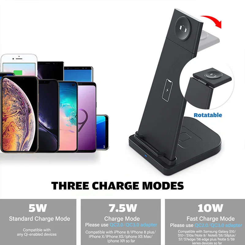 

15W Qi Wireless Charger For iPhone 12 11 XS XR X 8 Foldable 3 in 1 Fast Charging Station For Airpods Pro Apple Watch